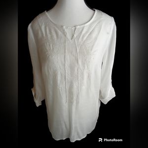 AB STUDIO S BLOUSE WHITE SHEER EMBROIDERED V NECK TIE TAP SLEEVES